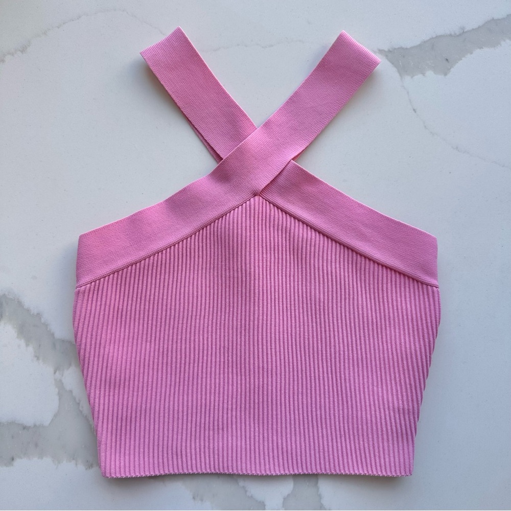 Glassons Harper Halter Ribbed Knit Criss Cross Crop Tank in Pink - Size Small